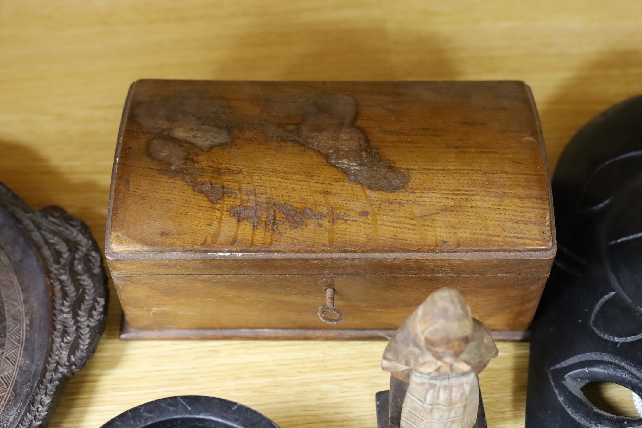A Chinese carved wood circular tray, an oak dome-topped box and three other items